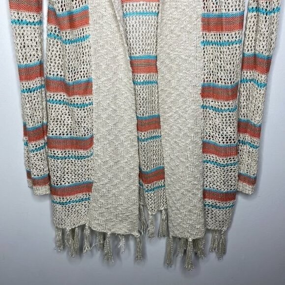 Red Camel Sz M Beige Orange Blue Stripe Southwestern Lightweight Fringe Cardigan - Picture 4 of 8